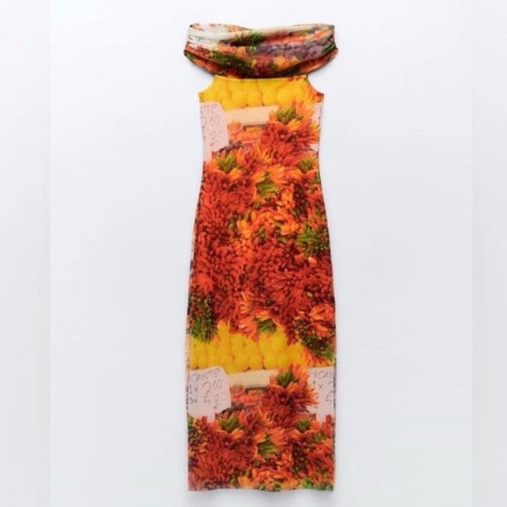 ZARA Over the Shoulder Picante All Print Tulle Bodycon Maxi Dress Fruit - Picture 7 of 7
